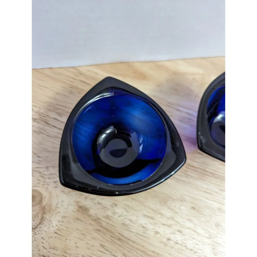 Nuutajarvi‎ Finland glass cobalt blue tea voltive candle holders round triangle